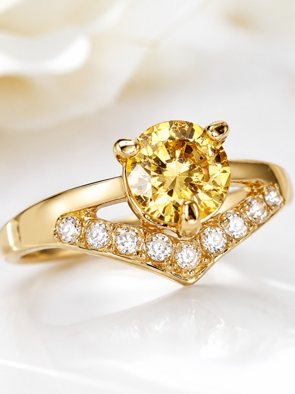 Gold Tone Crystal Solitaire Ring Size 7 Champagne Rhinestone Engagement Style